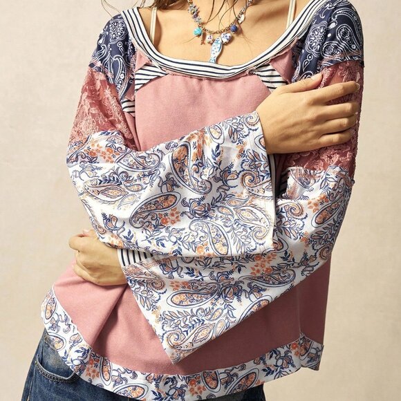 Coral Pink Boho Women's Countryside Vacation Knit Blouse - Picture 5 of 6